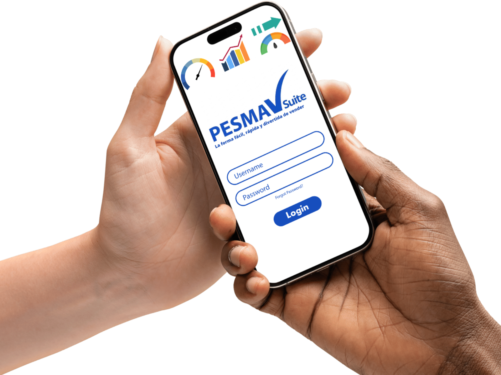 Mockup de la app PESMAV SUITE con oportunidades y seguimiento de ventas